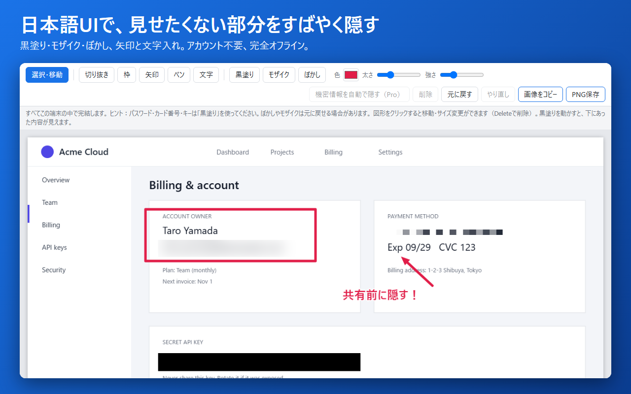 ぼかし・モザイク・黒塗り、矢印と文字を入れたShotVeilの編集画面