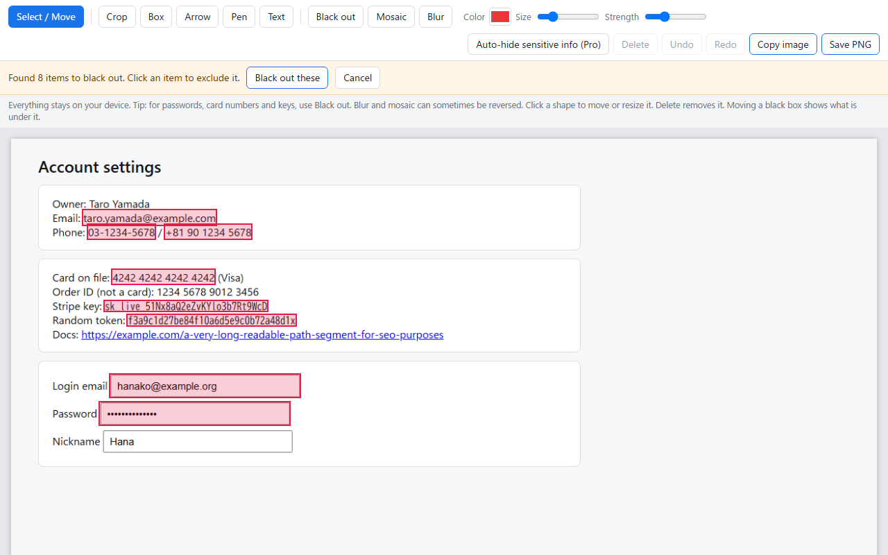 Detected sensitive items highlighted in red